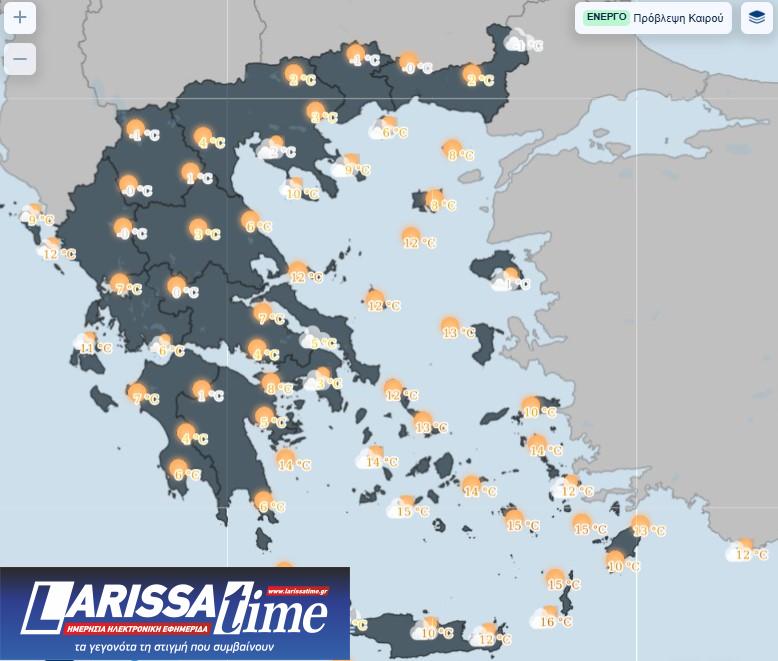 Εικόνα που δείχνει χάρτη της ΕΜΥ όπου σημειώνονται οι μέσες θερμοκρασίες