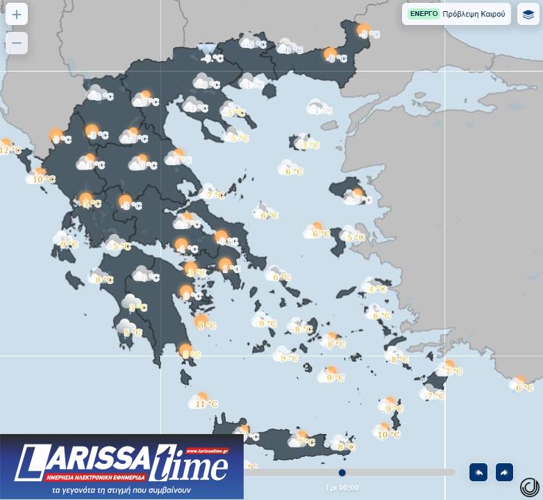 Εικόνα που δείχνει χάρτη της ΕΜΥ με τις μέσες θερμοκρασίες για την Κυριακή