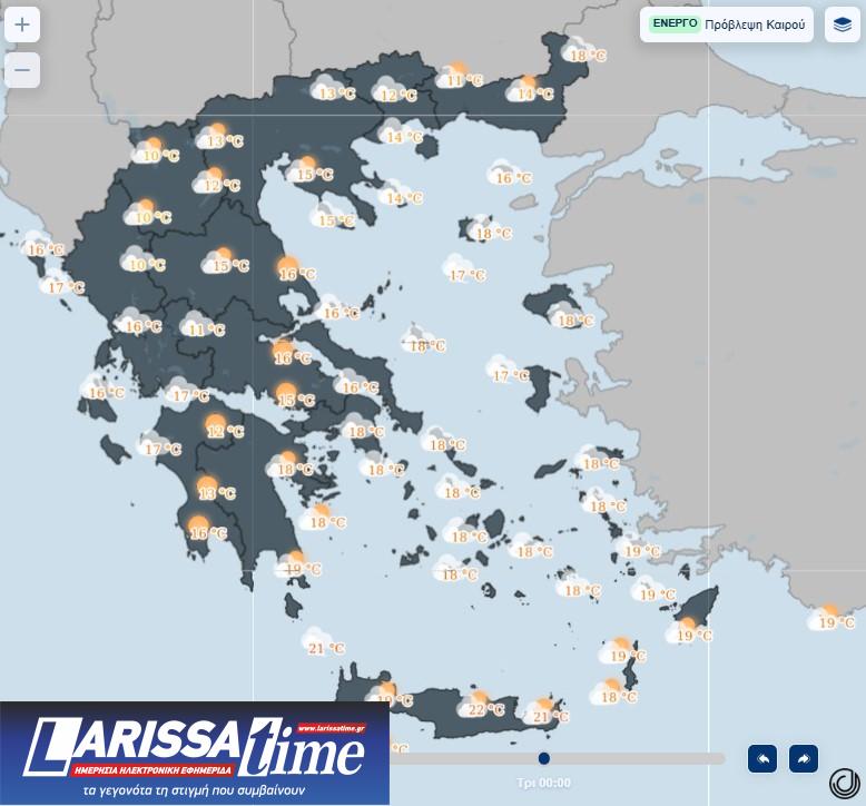 εικόνα που δείχνει χάρτη της ΕΜΥ με τις μέσες τιμές θερμοκρασίες για την Κυριακή