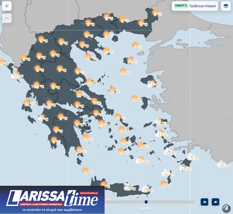 Εικόνα που δείχνει χάρτη της ΕΜΥ με τις μέσες θερμοκρασίες για την Κυριακή