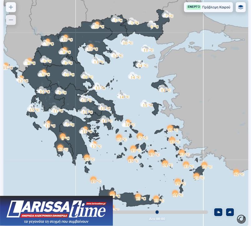 εικόνα που δείχνει χάρτη της ΕΜΥ με τις μέσες θερμοκρασίας για το Σάββατο
