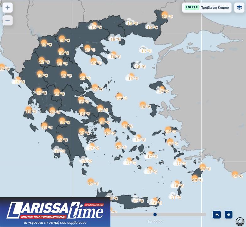εικόνα που δείχνει χάρτη της ΕΜΥ με τις μέσες θερμοκρασίες για τη Δευτέρα του Πάσχα